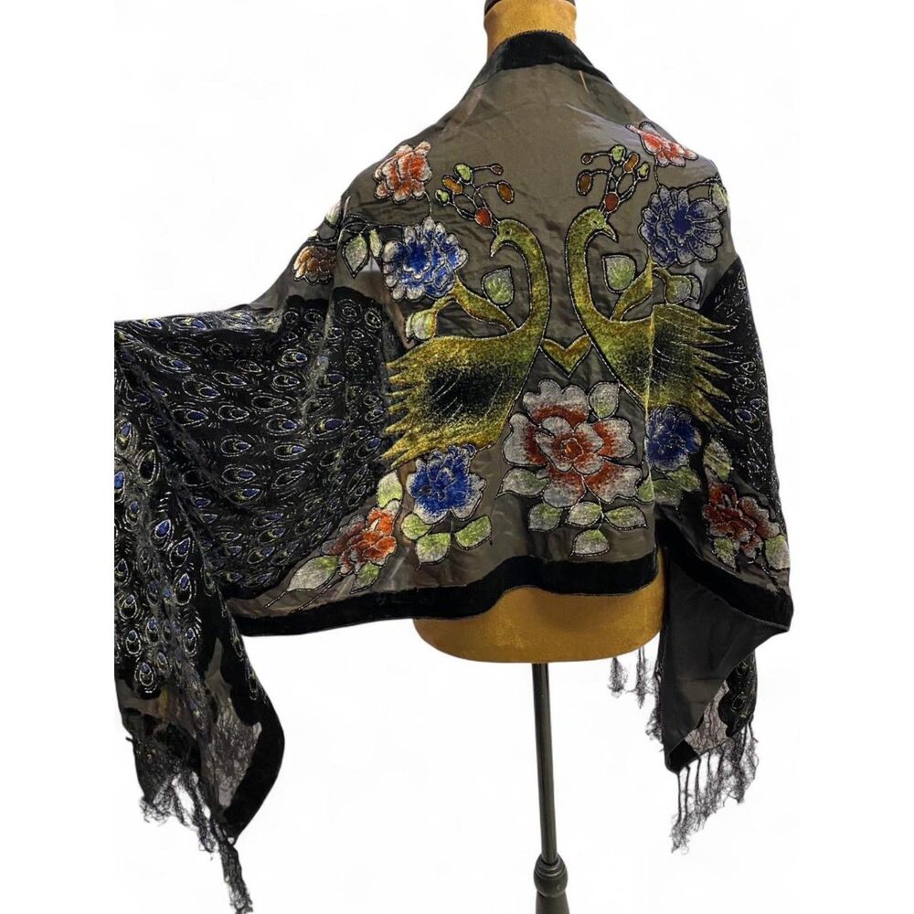 Festival Boho Whimsigoth Silk Blend Cottage Velvet Feminine Fringe Shawl Scarf